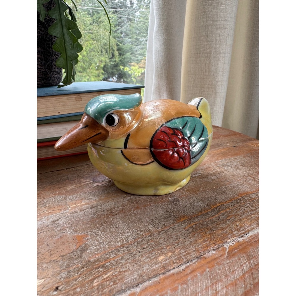 Vintage Lusterware Ceramic Bird Trinket Box Lidded Duck Dish Hand Painted CHIP